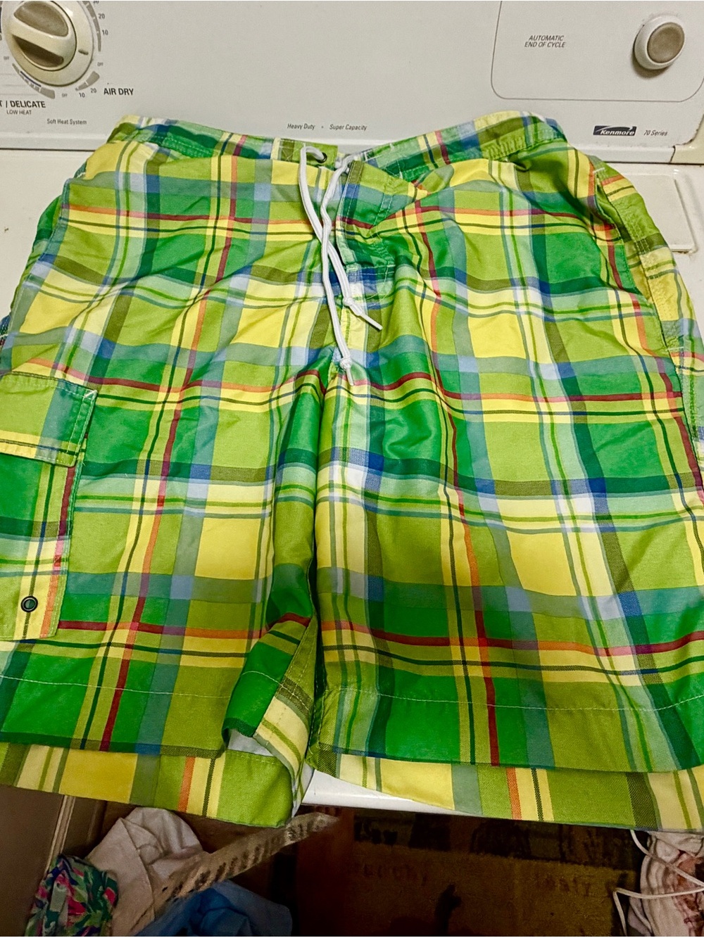 Chaps Men's Green/Yellow Plaid Swim Trunks